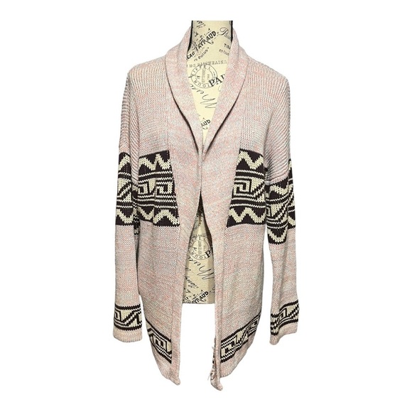 Ecote Cardigan Pink Brown Open Front Geo Print Shawl Collar Grandpa Sweater - Picture 3 of 9